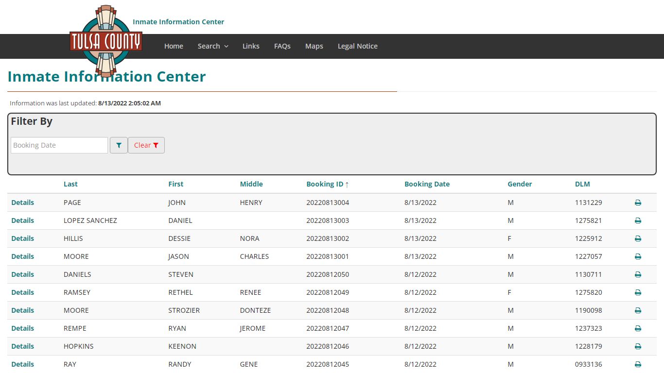 Booking Index - Inmate Information Center